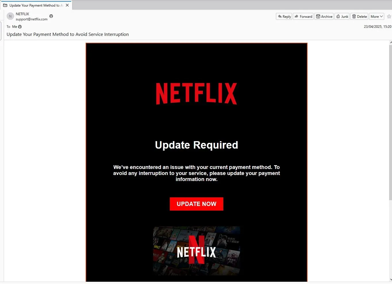 Ví dụ email lừa đảo phishing Netflix yêu cầu cập nhật phương thức thanh toán giả mạo
