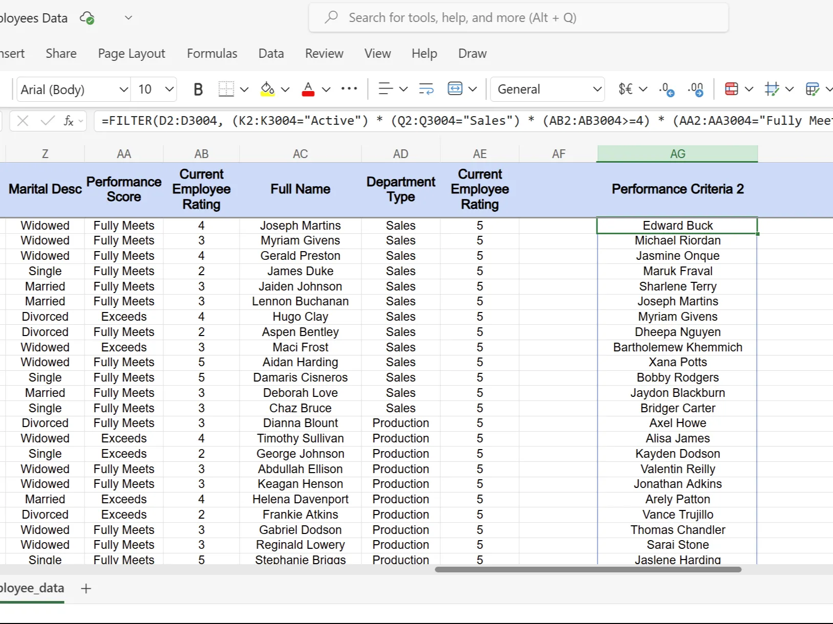 Ví dụ Excel về lọc nhân viên hoạt động với tiêu chí hiệu suất cao dùng hàm FILTER