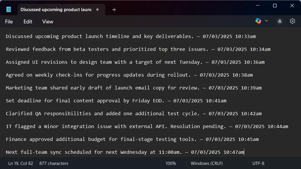 Ví dụ ghi chú cuộc họp trong Notepad với các dấu thời gian được tạo tự động bằng AutoHotkey