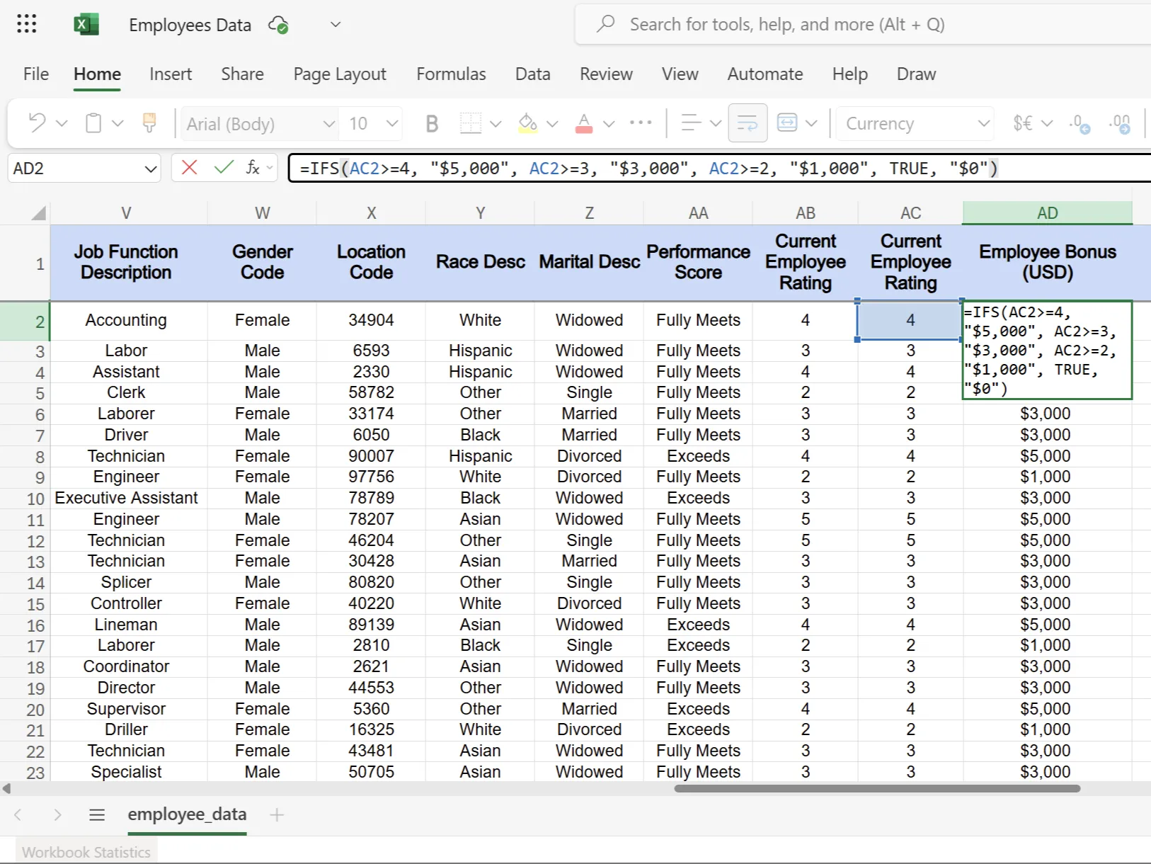 Ví dụ hàm IFS trong Excel hiển thị tiền thưởng nhân viên theo hiệu suất