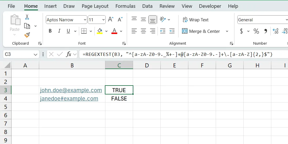 Ví dụ minh họa cách sử dụng hàm REGEXTEST trong Excel để kiểm tra tính hợp lệ của địa chỉ email.
