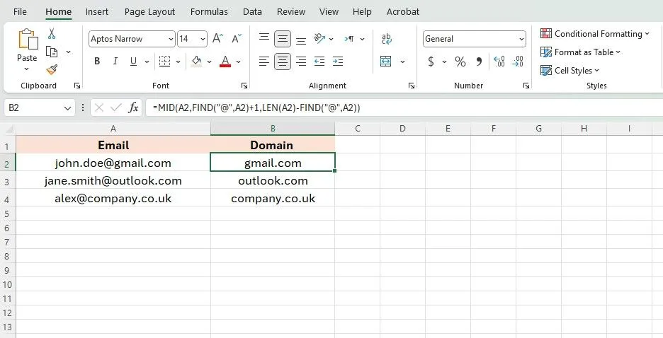 Ví dụ minh họa công thức Excel phức tạp để trích xuất tên miền từ địa chỉ email.