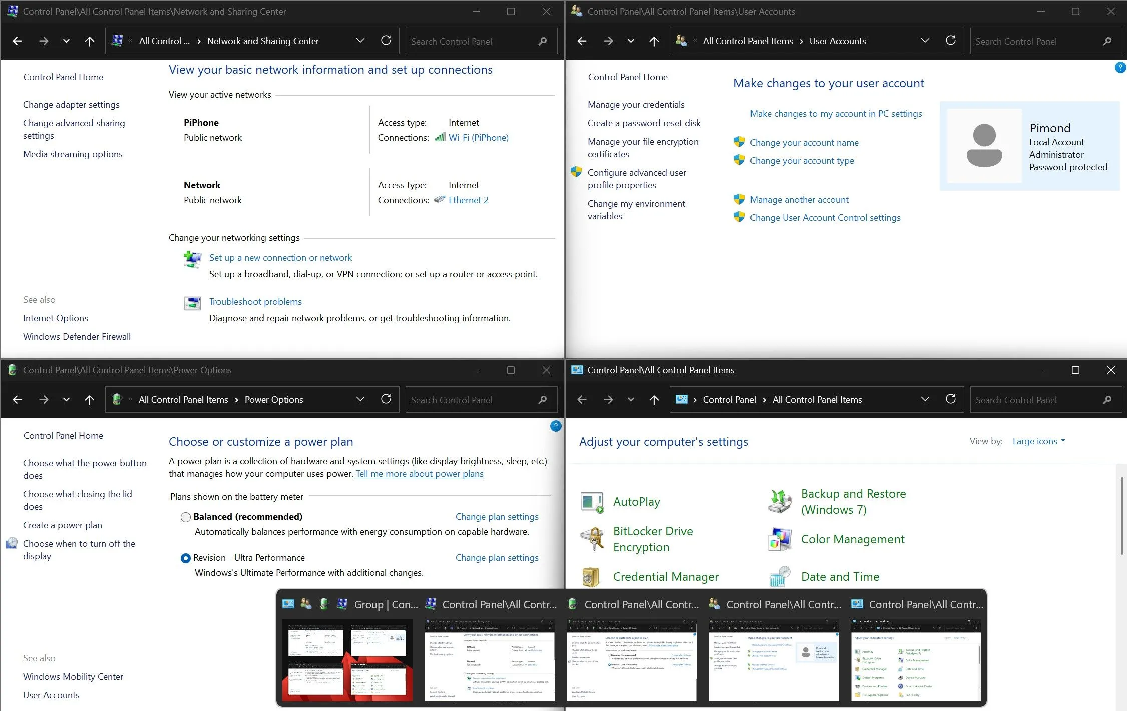 Ví dụ nhiều cửa sổ Control Panel có thể mở đồng thời trên Windows 11