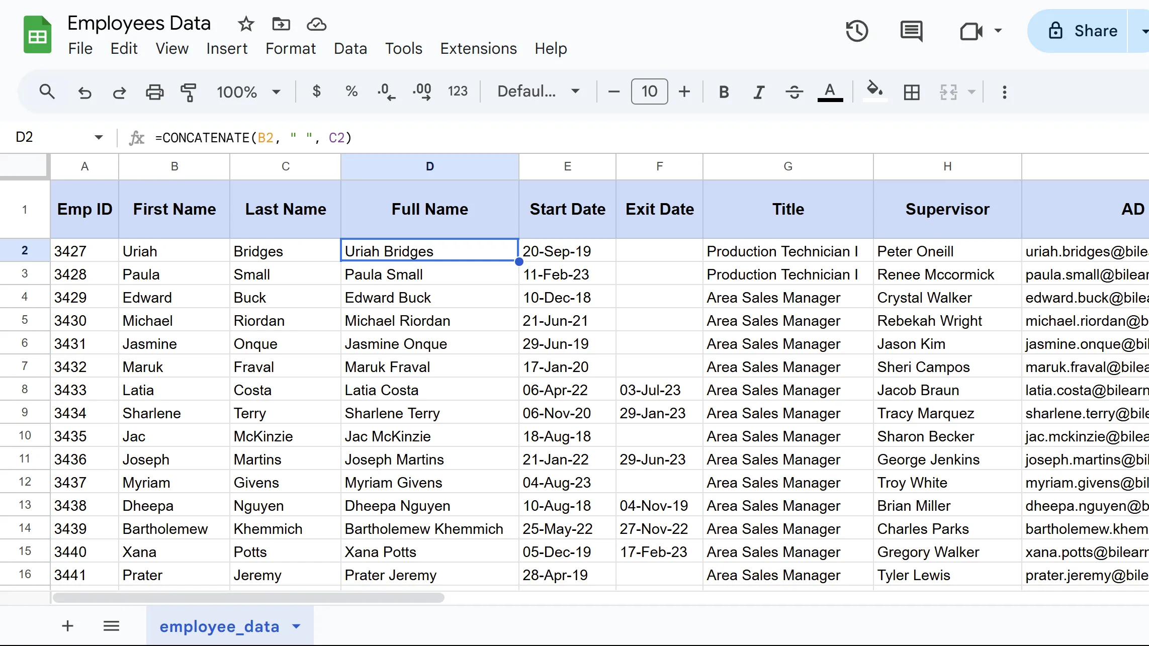 Ví dụ sử dụng hàm CONCATENATE để kết hợp nội dung từ nhiều ô trong Google Sheets