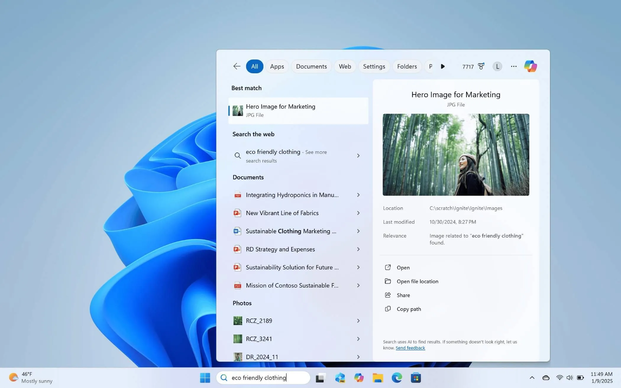 Ví dụ tìm kiếm ngữ nghĩa trên Windows 11 để tìm kiếm các lựa chọn quần áo thân thiện với môi trường