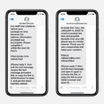 Ví dụ tin nhắn lừa đảo smishing qua iMessage, mô phỏng cảnh báo giao hàng và phí cầu đường giả mạo, được báo cáo bởi Bleeping Computer.