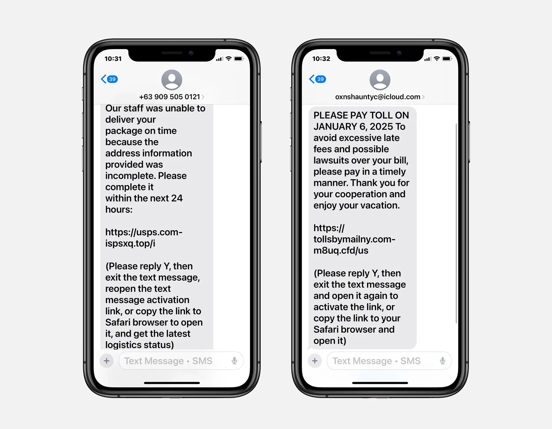 Ví dụ tin nhắn lừa đảo smishing qua iMessage, mô phỏng cảnh báo giao hàng và phí cầu đường giả mạo, được báo cáo bởi Bleeping Computer.