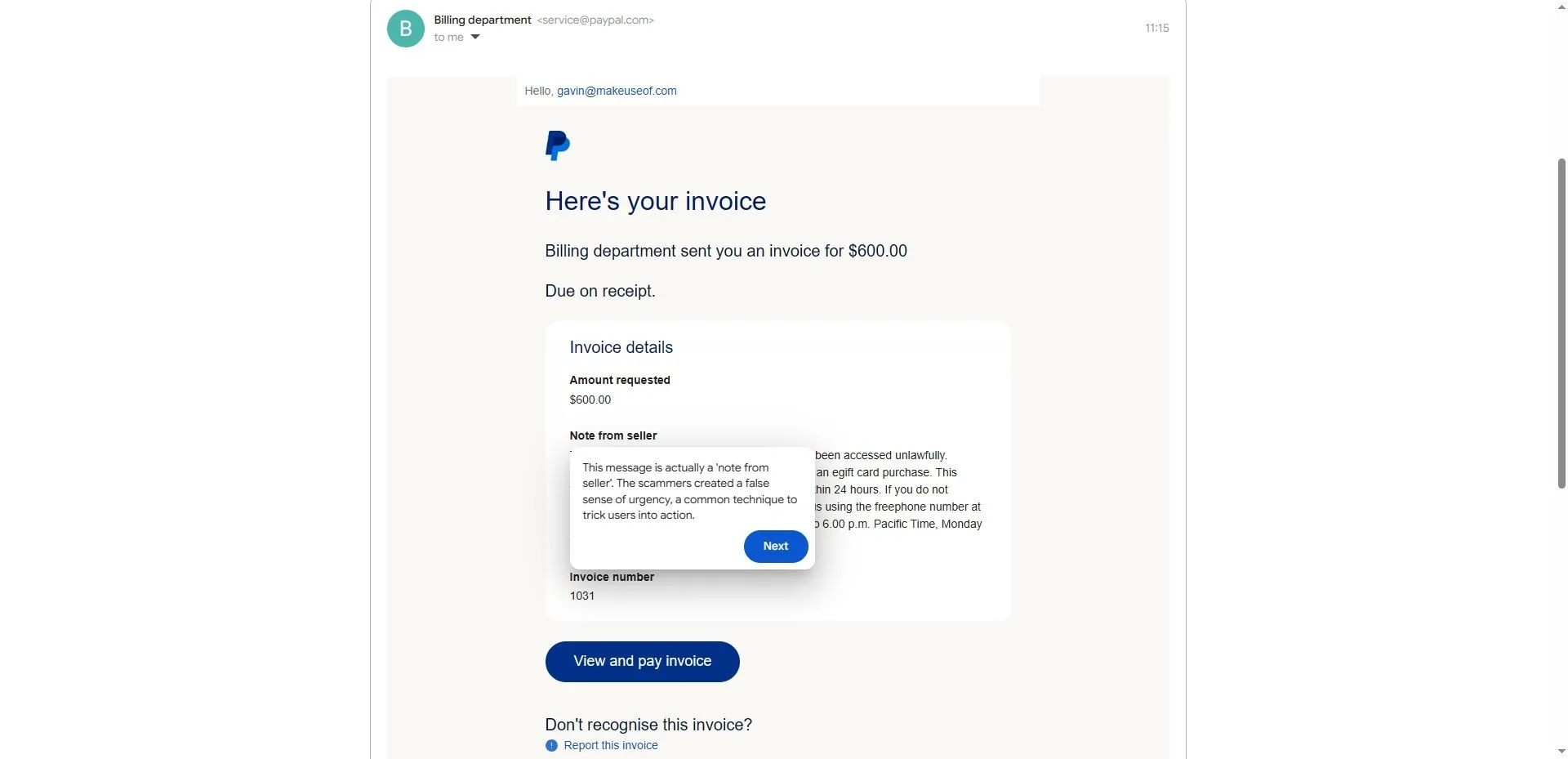 Ví dụ về email lừa đảo PayPal trong Google Phishing Quiz với dấu hiệu đáng ngờ