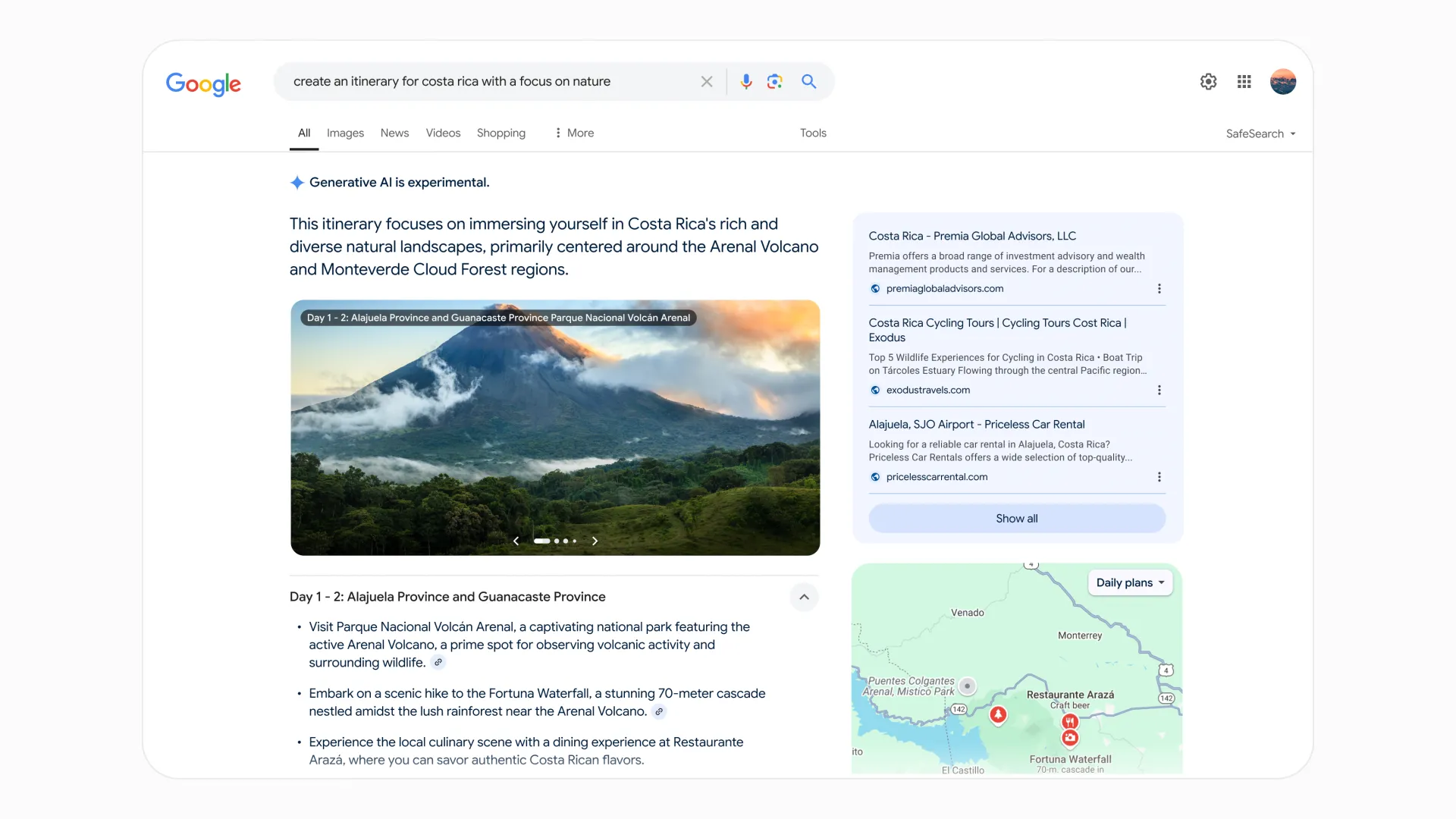 Ví dụ về lịch trình du lịch được tạo tự động bởi AI Overviews trong Google Search, với phân tích từng ngày.
