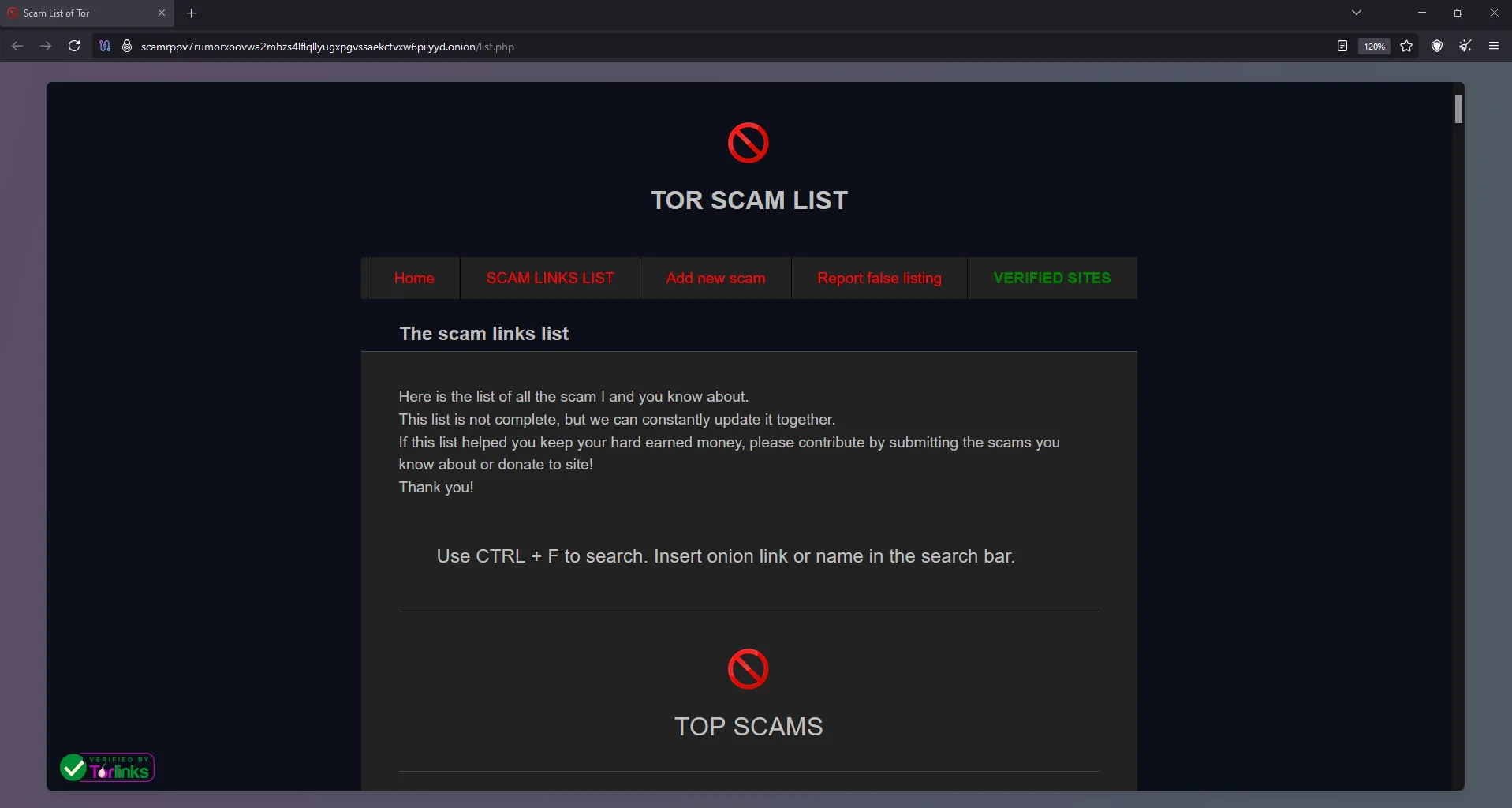 Ví dụ về trang web &quot;Top Scam List&quot; trên Dark Web, cảnh báo về rủi ro lừa đảo trực tuyến