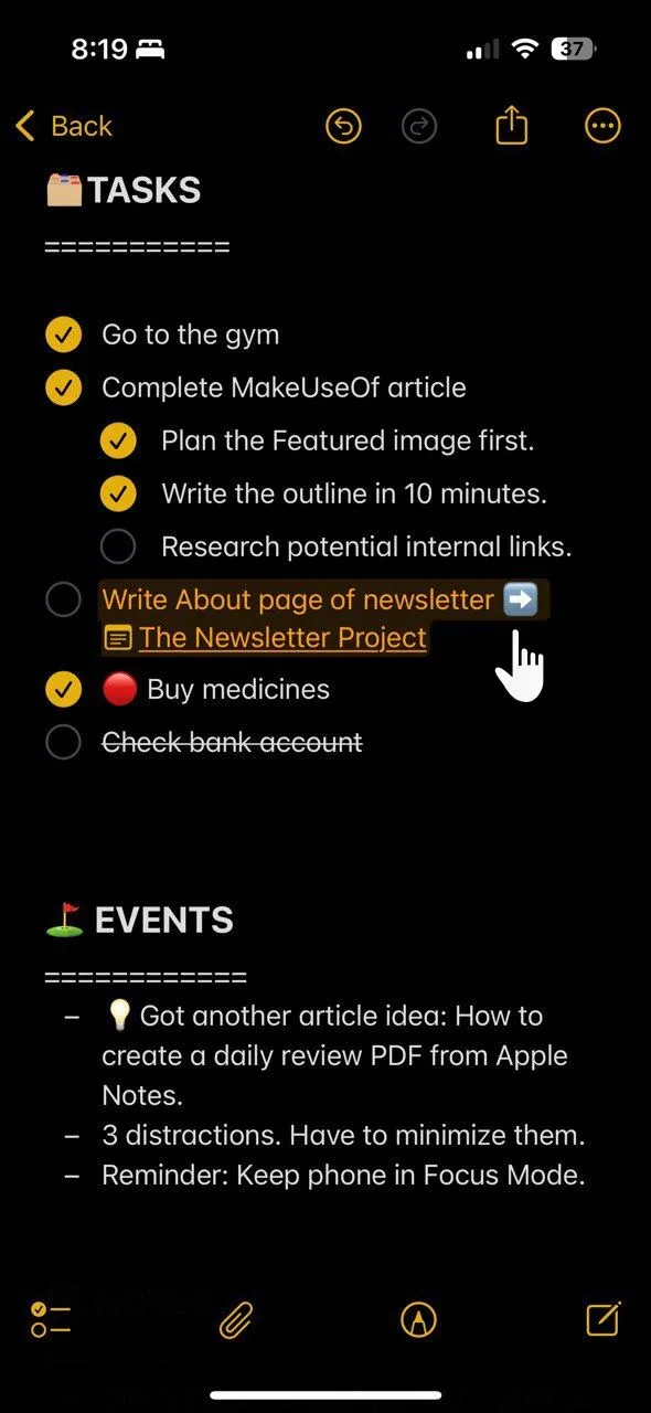 Ví dụ về việc di chuyển nhiệm vụ chưa hoàn thành sang ngày mới trong Bullet Journal