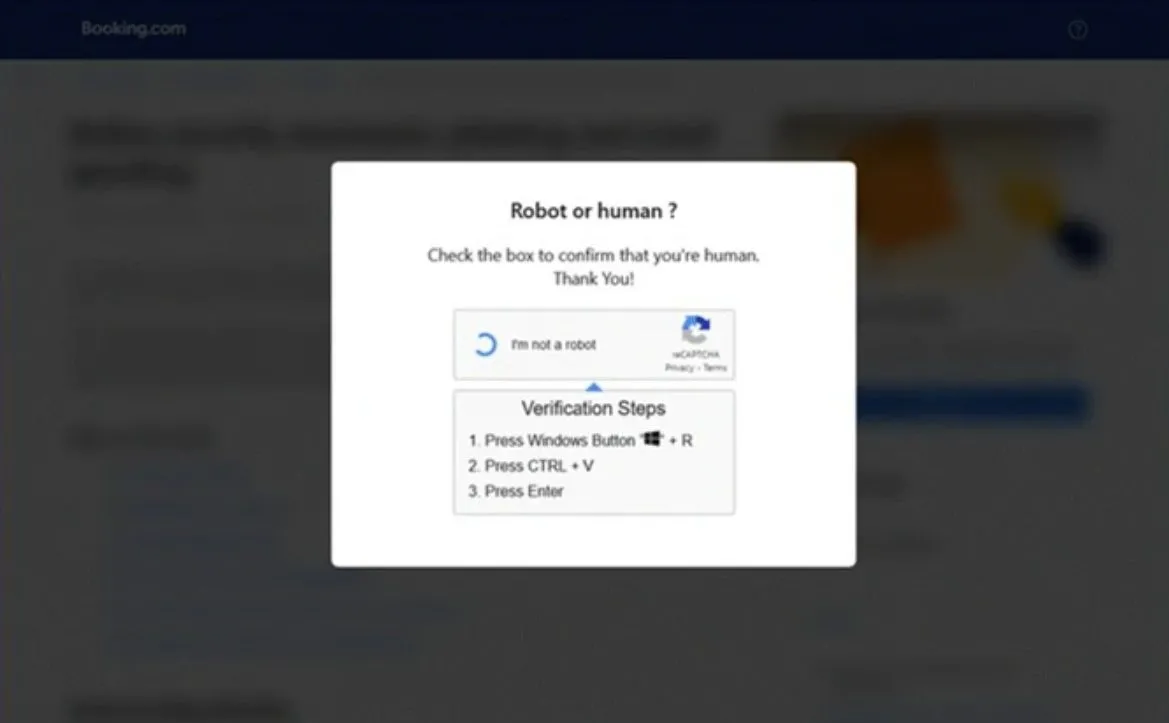 Ví dụ website lừa đảo Booking.com sử dụng kỹ thuật CAPTCHA theo phát hiện của Microsoft Threat Intelligence