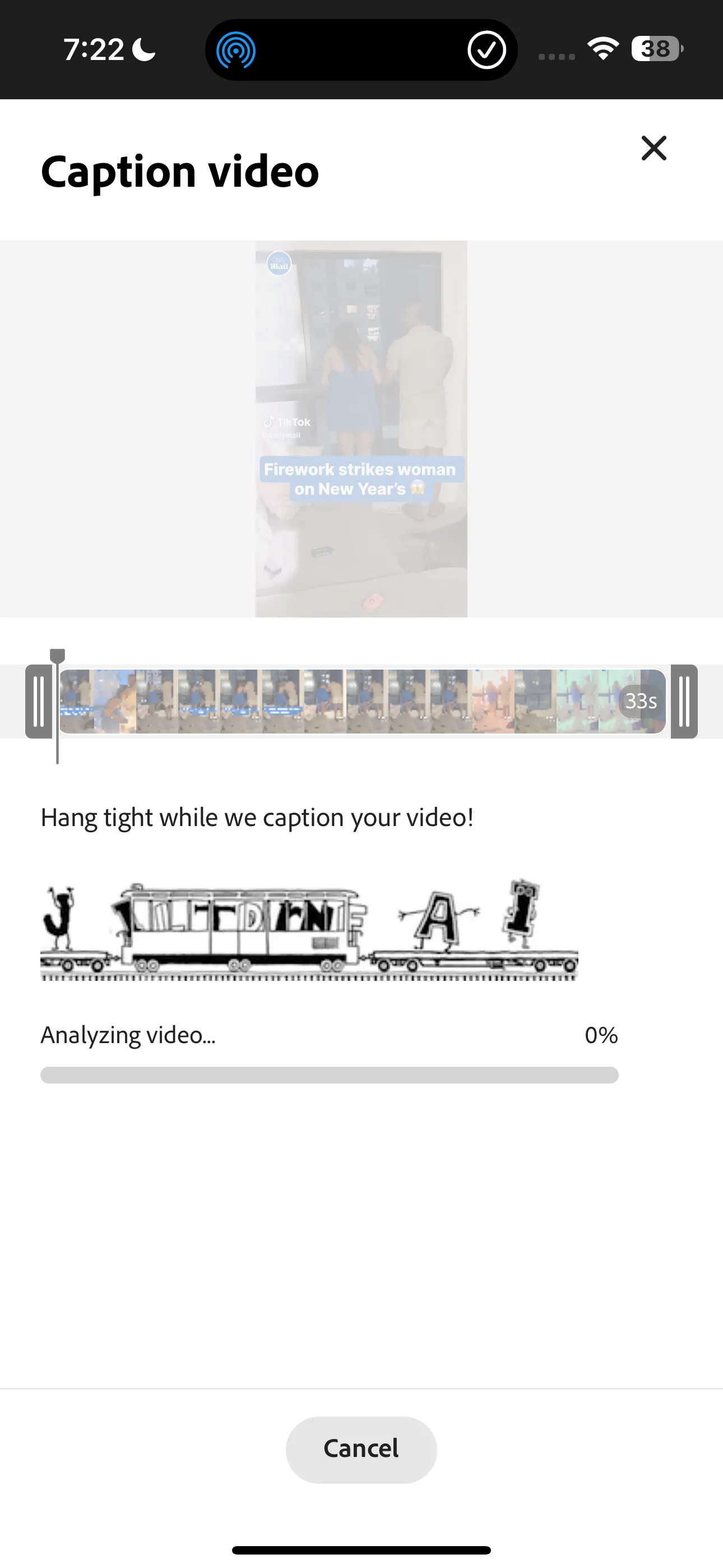 Video đang được xử lý trong Adobe Express để tự động tạo phụ đề (Caption Video)