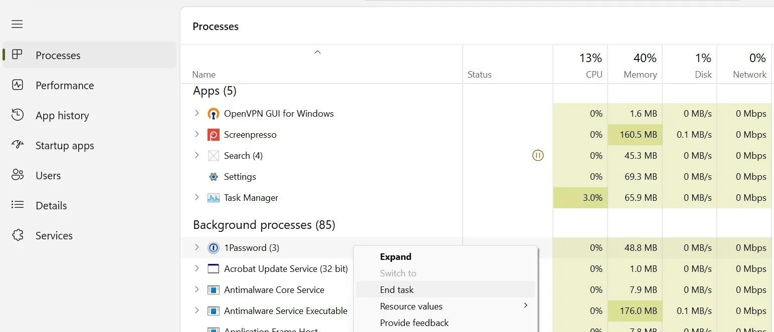 Vô hiệu hóa một tiến trình nền trong Trình quản lý tác vụ của Windows