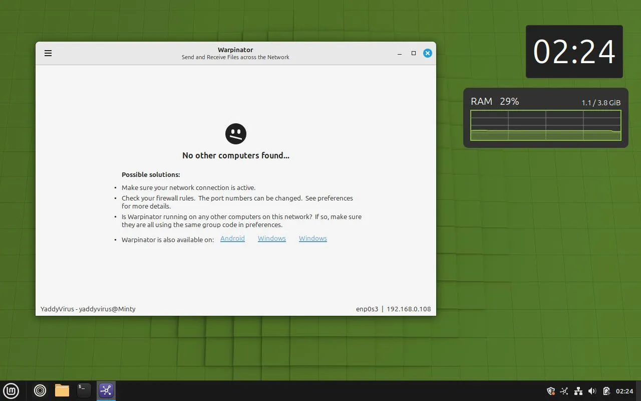 Warpinator, ứng dụng chia sẻ tệp cục bộ trên Linux Mint, hiển thị các thiết bị khả dụng