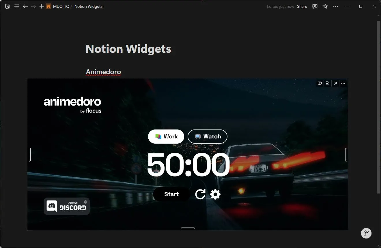 Widget Animedoro trong Notion với giao diện hẹn giờ Pomodoro chủ đề anime, hỗ trợ quản lý thời gian hiệu quả
