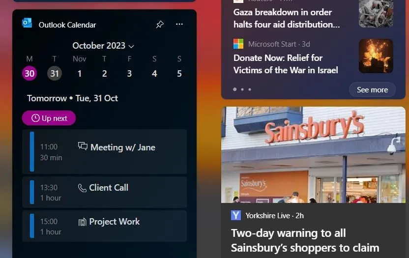 Widget lịch Outlook giúp quản lý lịch trình hiệu quả trên Windows 11