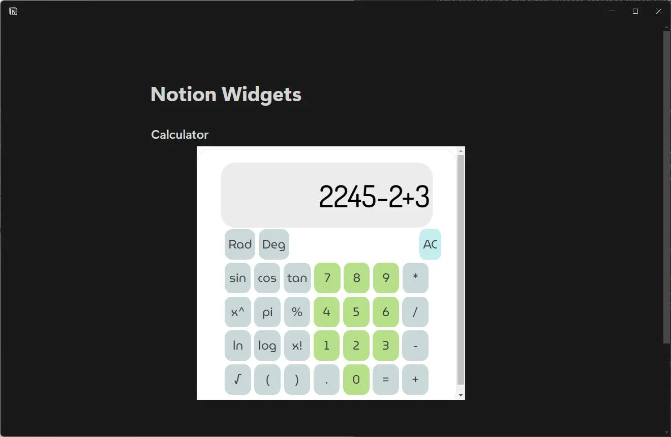 Widget máy tính tích hợp trong Notion, cung cấp các phép toán cơ bản và lượng giác cho người dùng