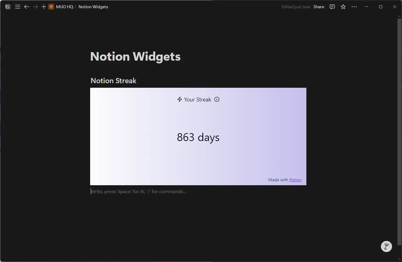 Widget Notion Streak hiển thị chuỗi ngày làm việc liên tục trên Notion, giúp theo dõi mục tiêu và duy trì động lực