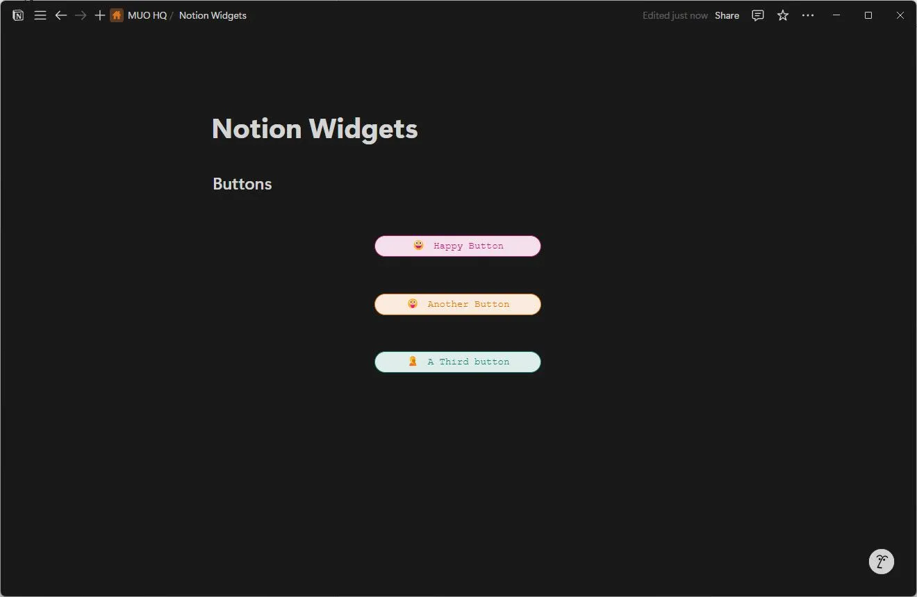 Widget nút tùy chỉnh (Buttons) của Indify trong Notion, cho phép tạo các phím tắt nhanh đến website hoặc trang khác