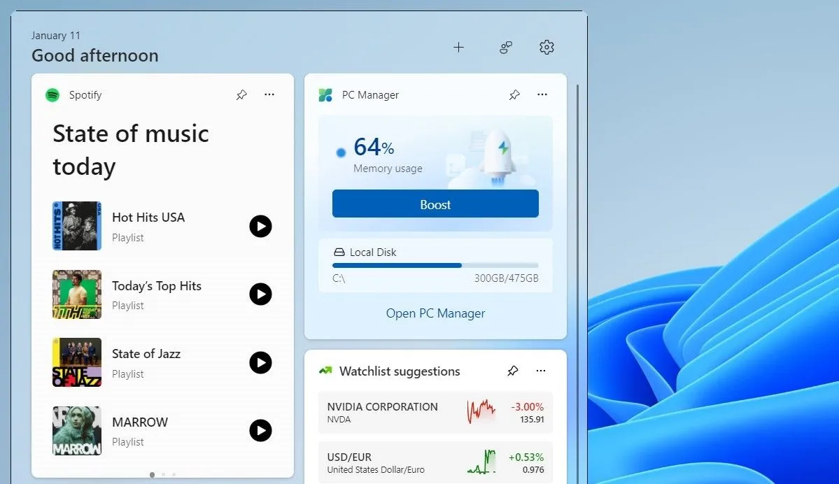 Widget Spotify hiển thị thông tin phát nhạc trên bảng tiện ích Windows 11