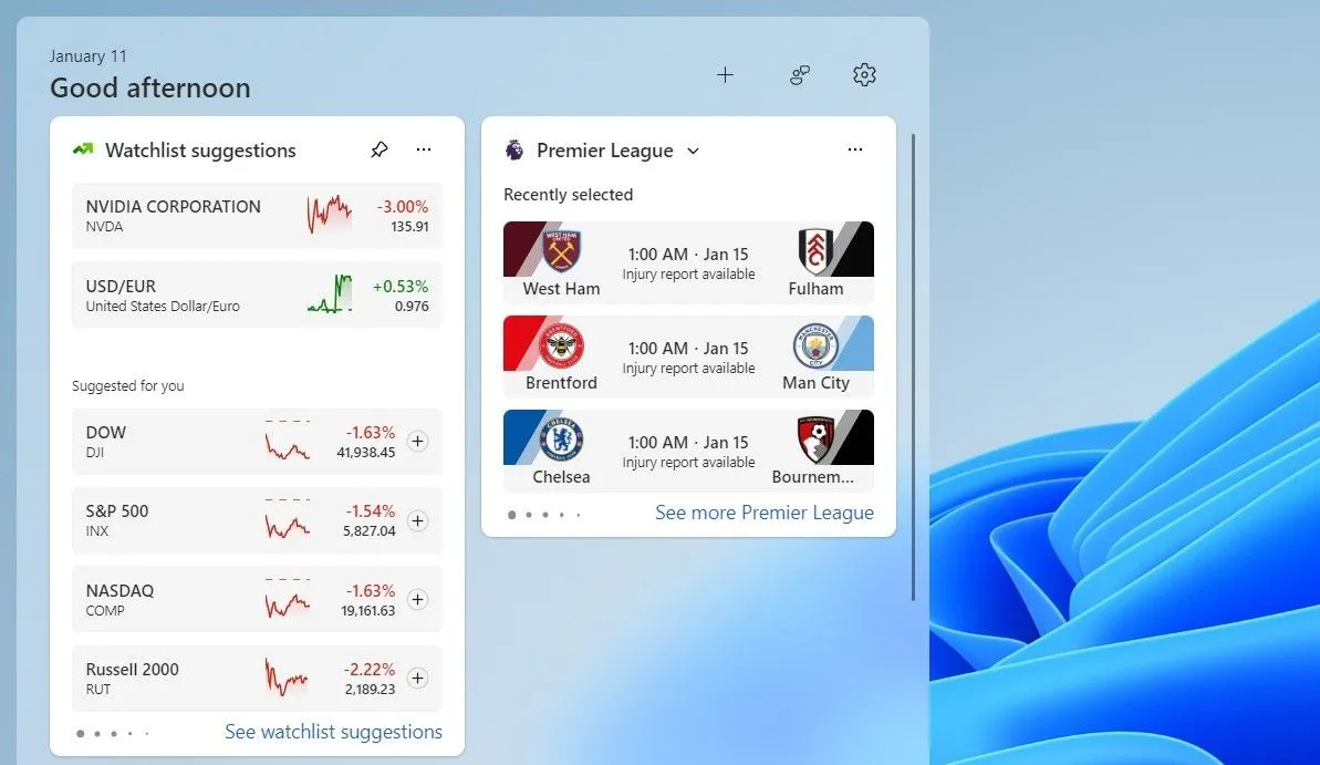Widget Watchlist hiển thị giá cổ phiếu và tiền điện tử trên bảng tiện ích Windows 11