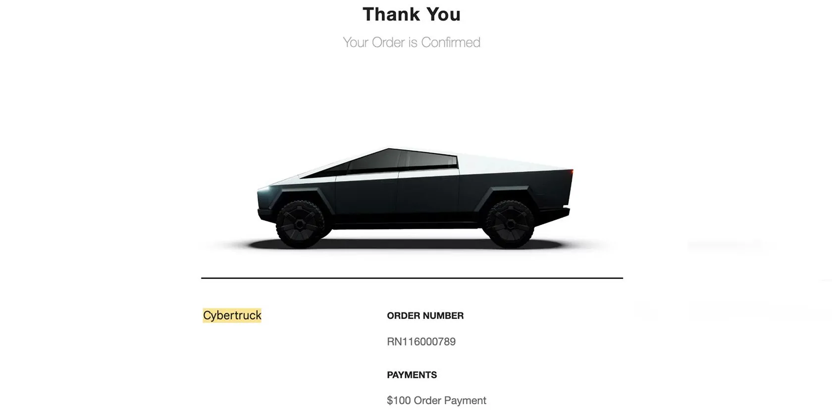Xác nhận đặt hàng xe Tesla Cybertruck hiển thị chi tiết đơn hàng, minh họa thông tin mua sắm nhạy cảm