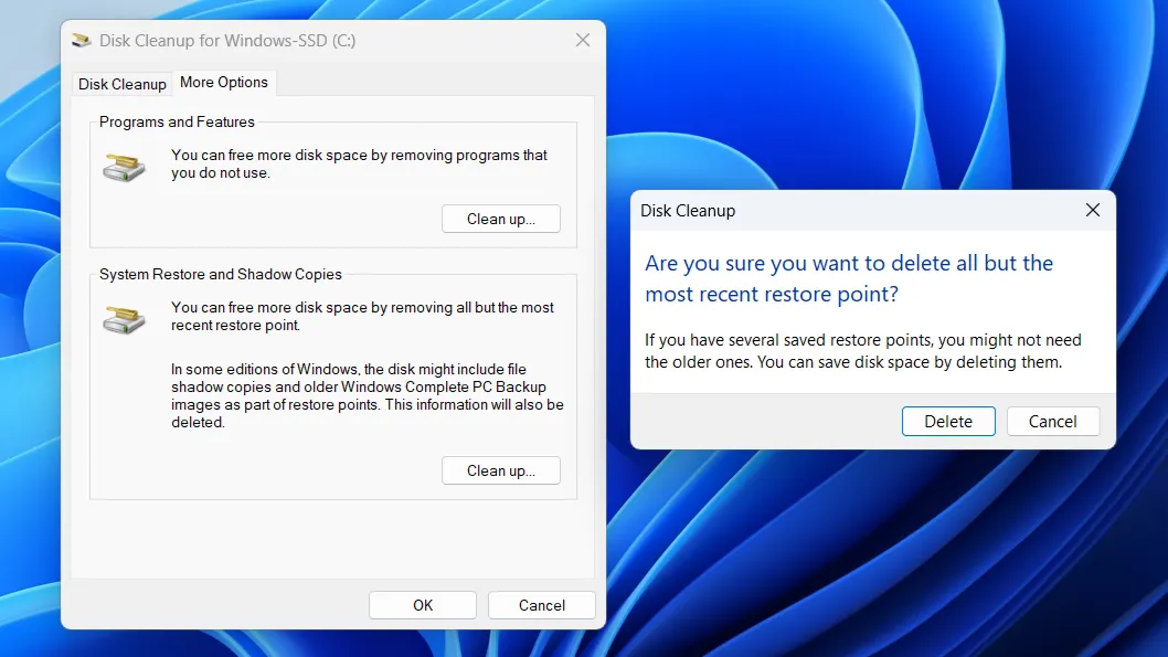 Xác nhận xóa các điểm khôi phục hệ thống cũ trong Disk Cleanup của Windows 11