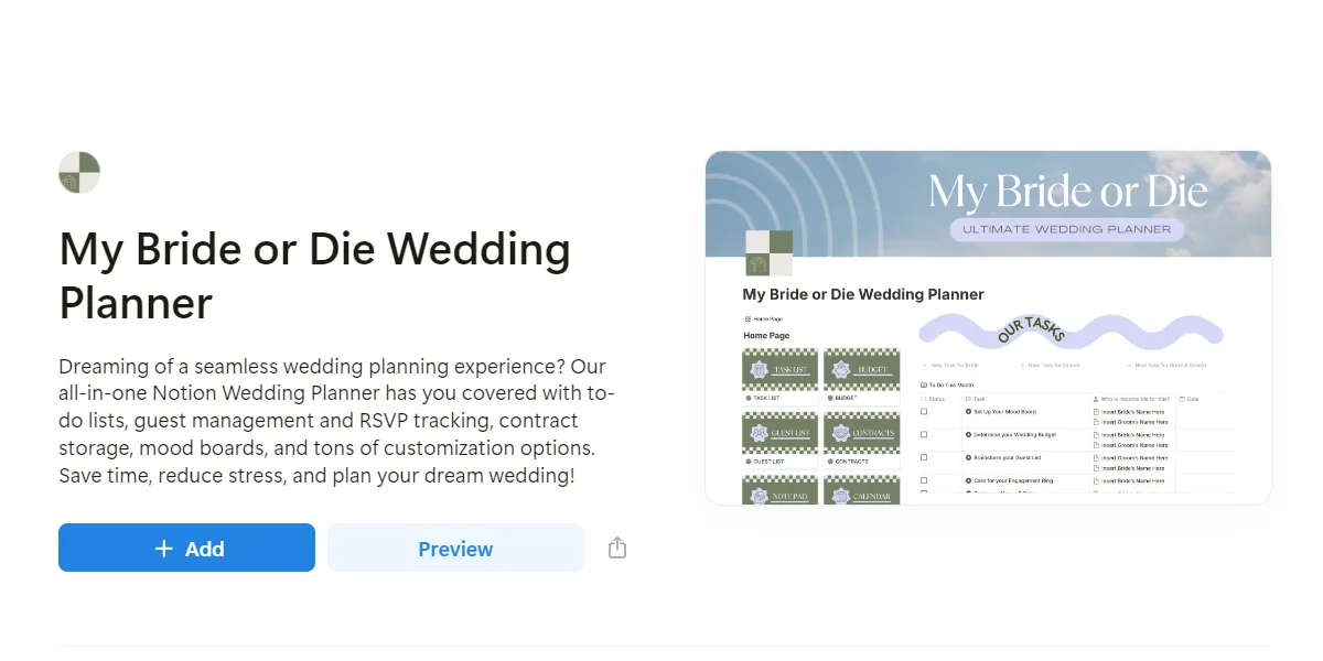 Xem trước mẫu kế hoạch đám cưới (Wedding Planner) trong thư viện template của Notion