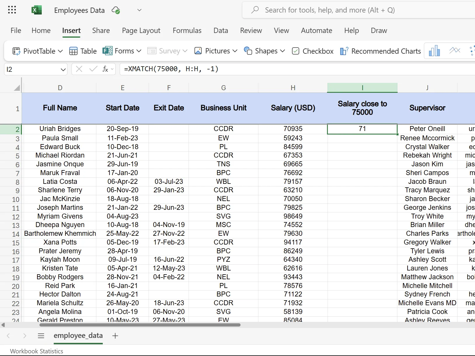 XMATCH trong Excel tìm mức lương gần 75000 USD nhất