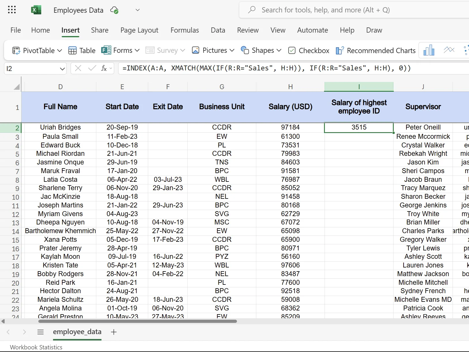 XMATCH trong Excel trả về mức lương của nhân viên có ID cao nhất