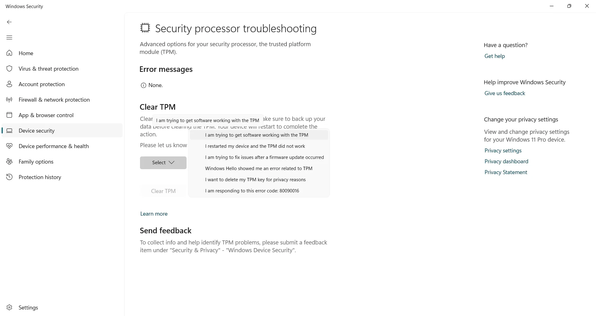 Xóa và đặt lại chip bảo mật TPM trong Windows Security