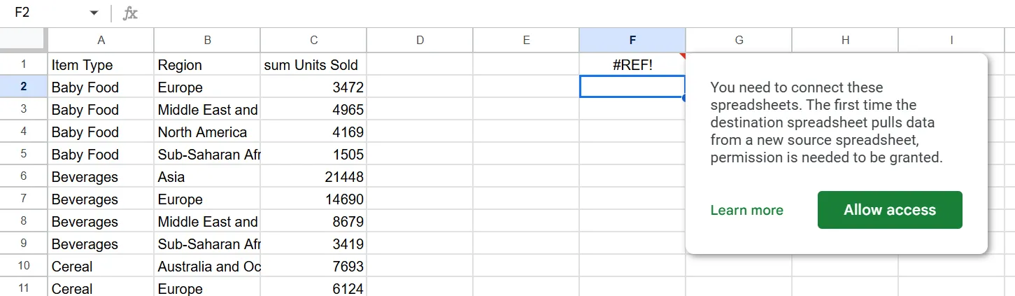 Yêu cầu cấp quyền truy cập bảng tính ngoài khi sử dụng IMPORTRANGE kết hợp QUERY trong Google Sheets